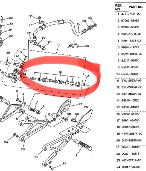 Yamaha TZ250 Rear Brake master cylinder OEM repair kit for models 1986 to 2010.